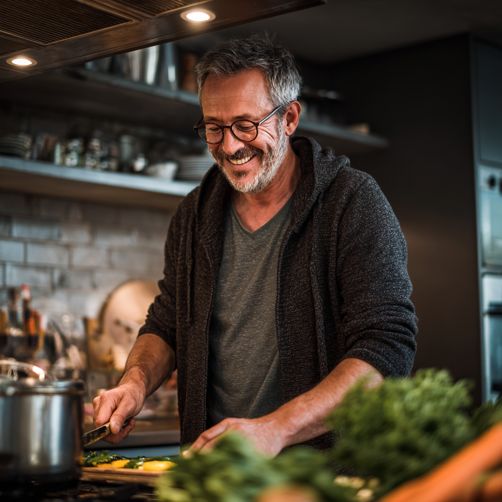 Мъж на 58 години готви здравословно ястие в модерна кухня, усмихнат и сосредоточен