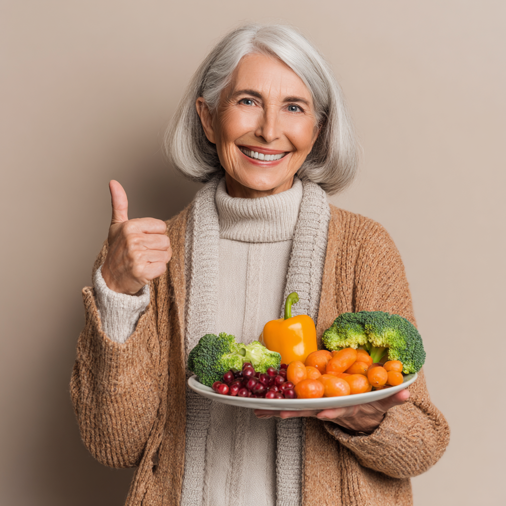Щастлива жена на 54 години показва палец нагоре докато държи чиния със здравословна храна