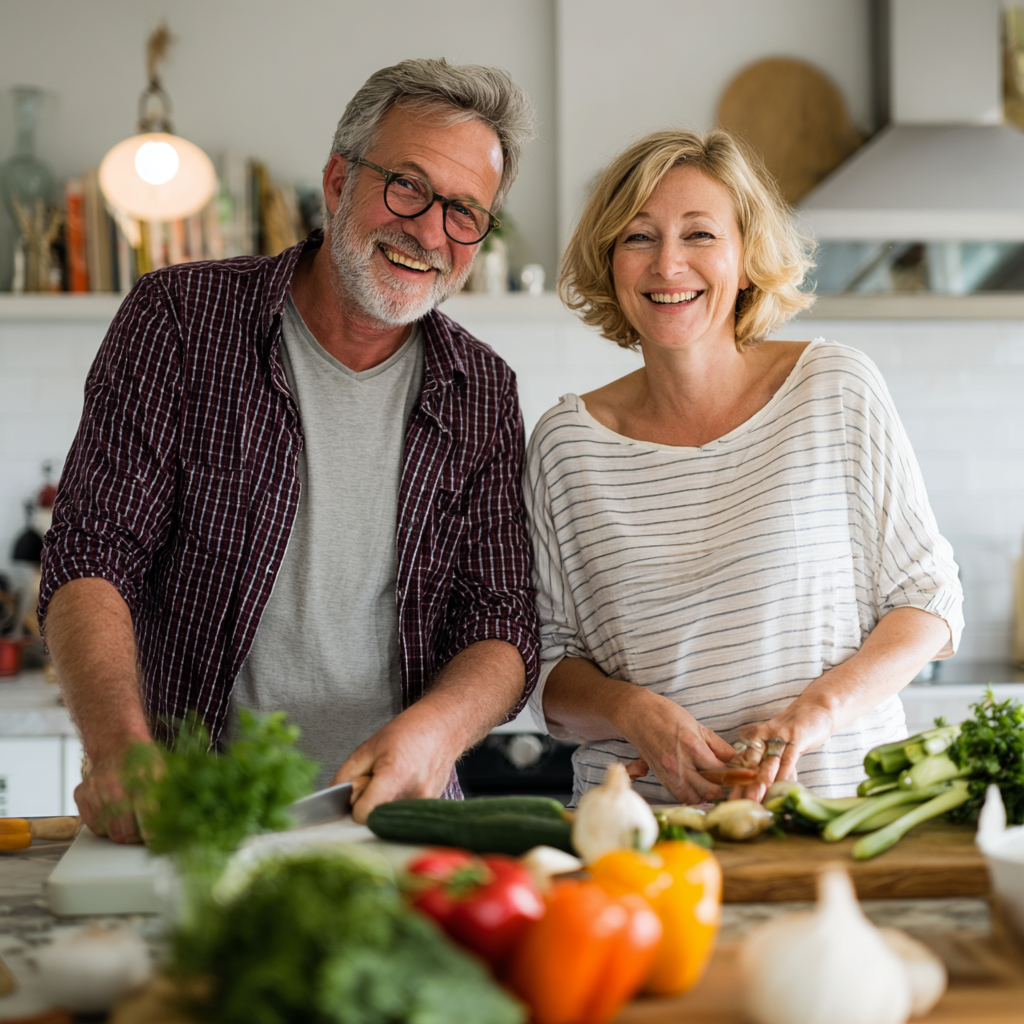 Усмихнати партньори на 52 и 56 години готвят заедно здравословно ястие в светла кухня